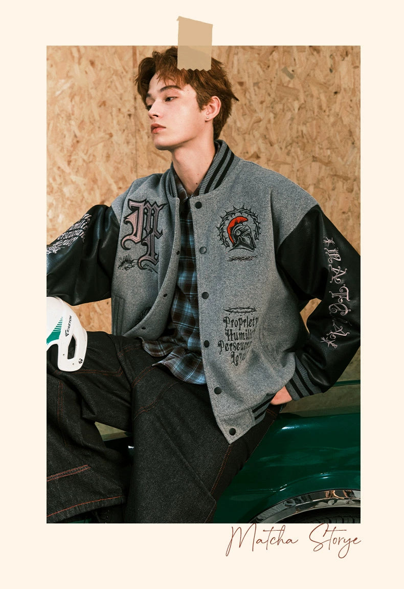 MATCHA STORY Leather Embroidered Baseball Jacket