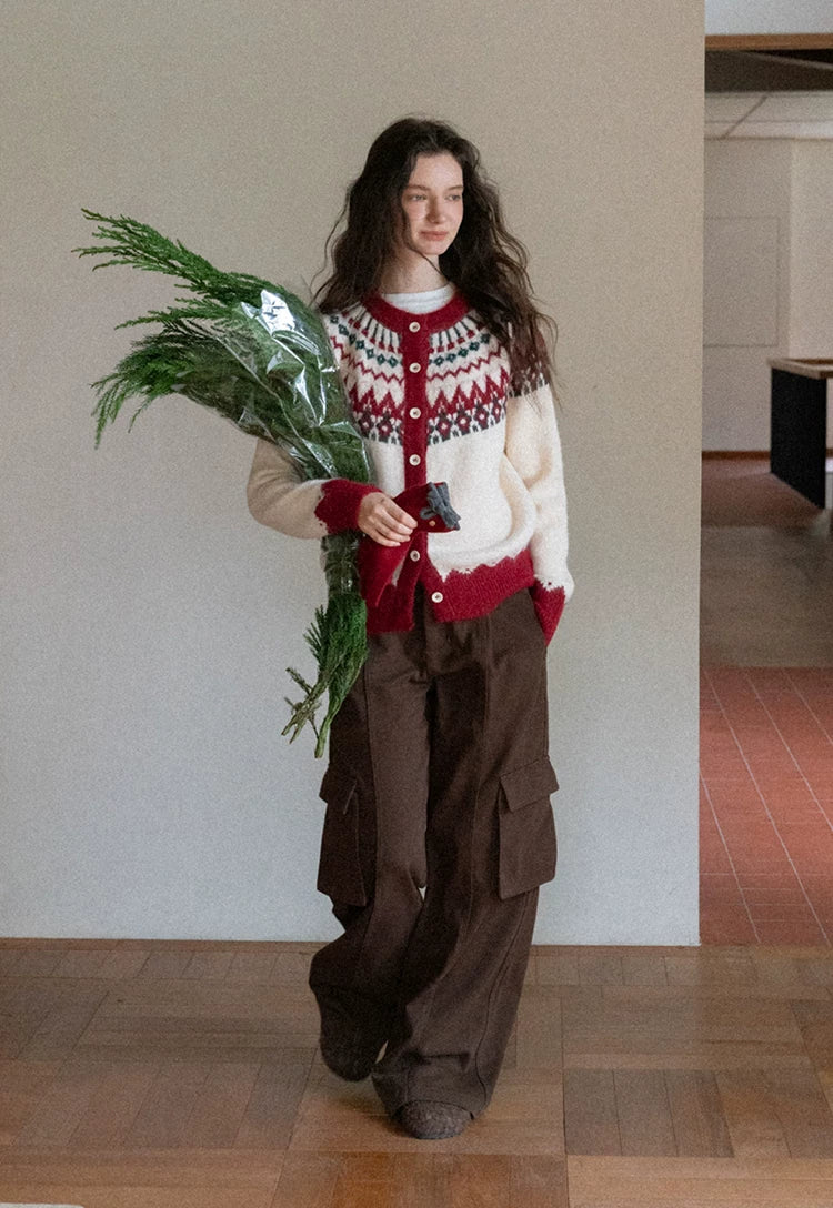 EGGKA Contrasting Color Crew Neck Loose Cardigan Sweater