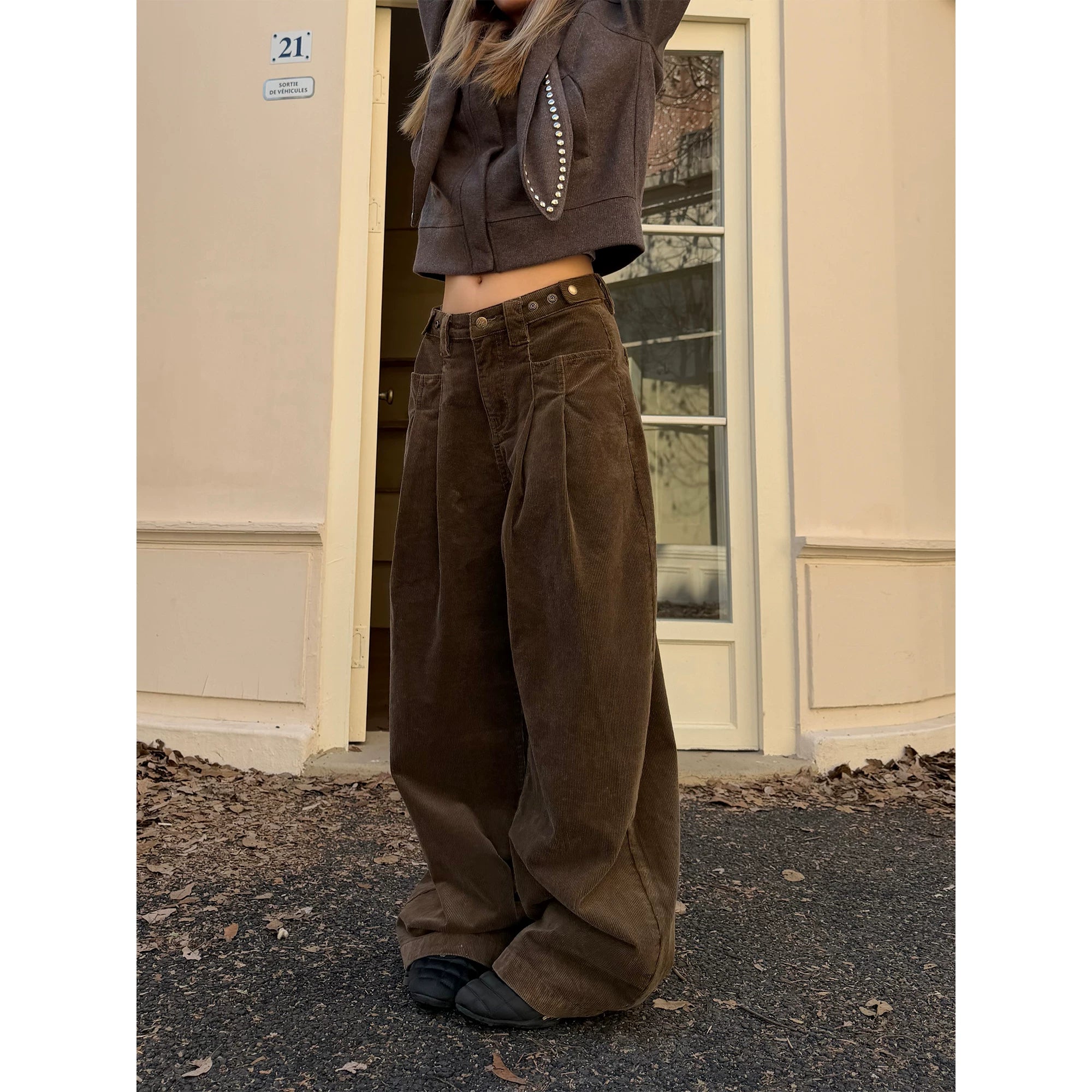 CCYE Corduroy Adjustable Waist Wide Leg Pinch-pleated Casual Pants