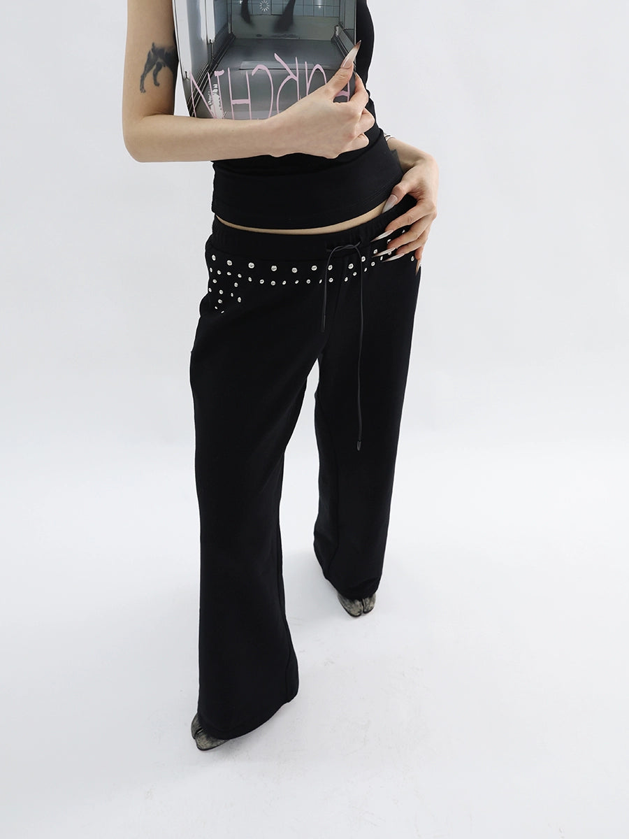 FUZZYKON Low Waist Large Pocket Straight Drawstring Rivet Sweatpants