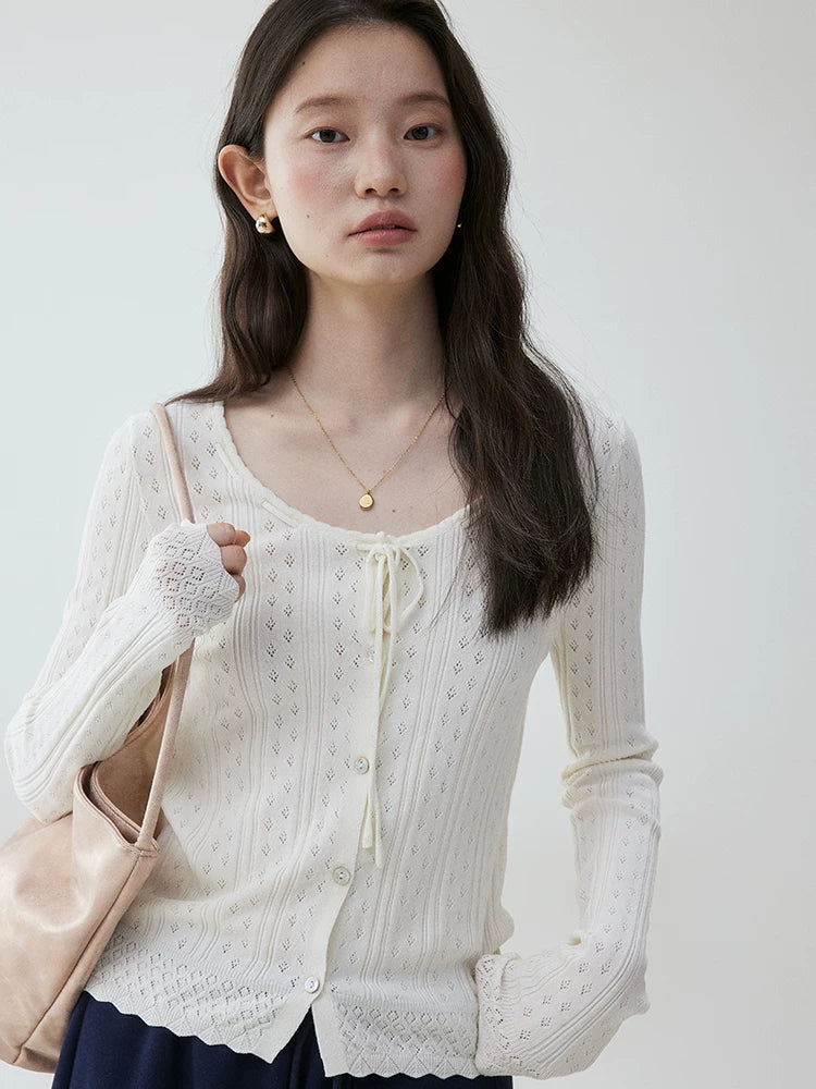 VOOE Round Neck Jacquard Hollow Strap Knitted Long Sleeve