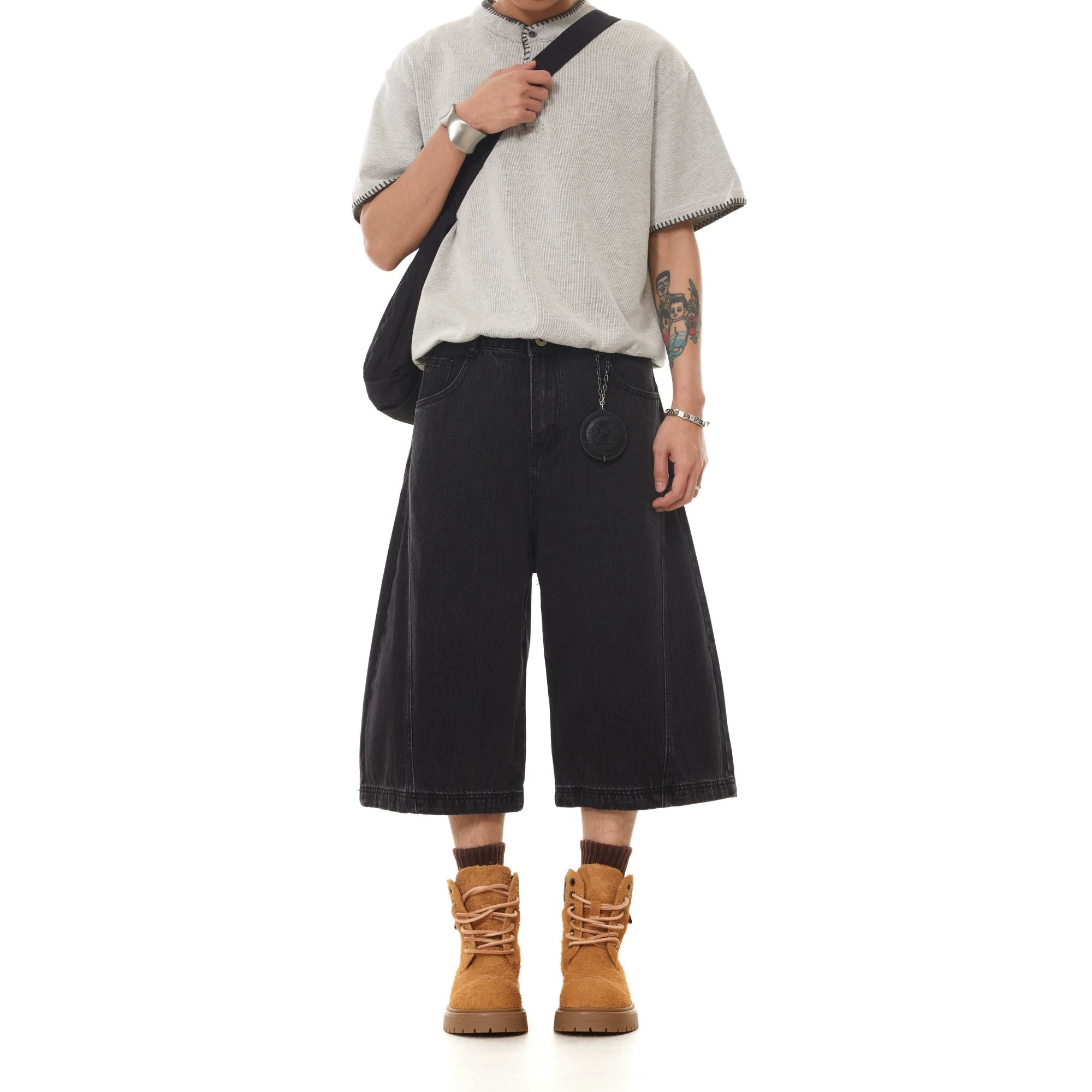 BTSG boxy washed natural black wide-leg denim shorts