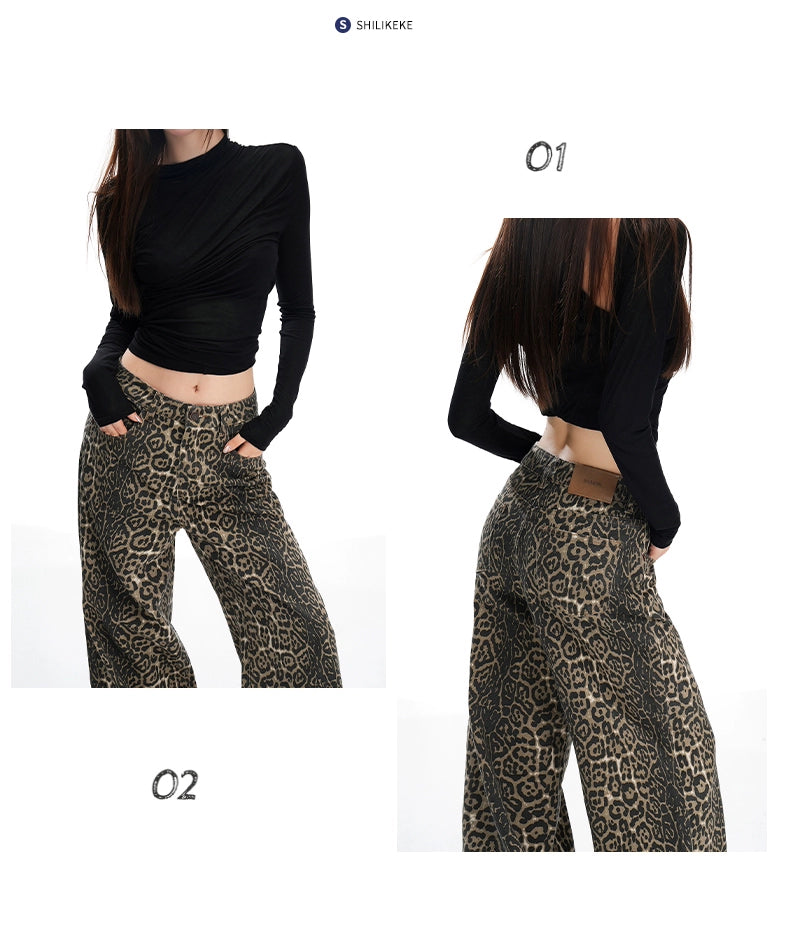 KPSR Retro Leopard Print Low-rise Flared Pants
