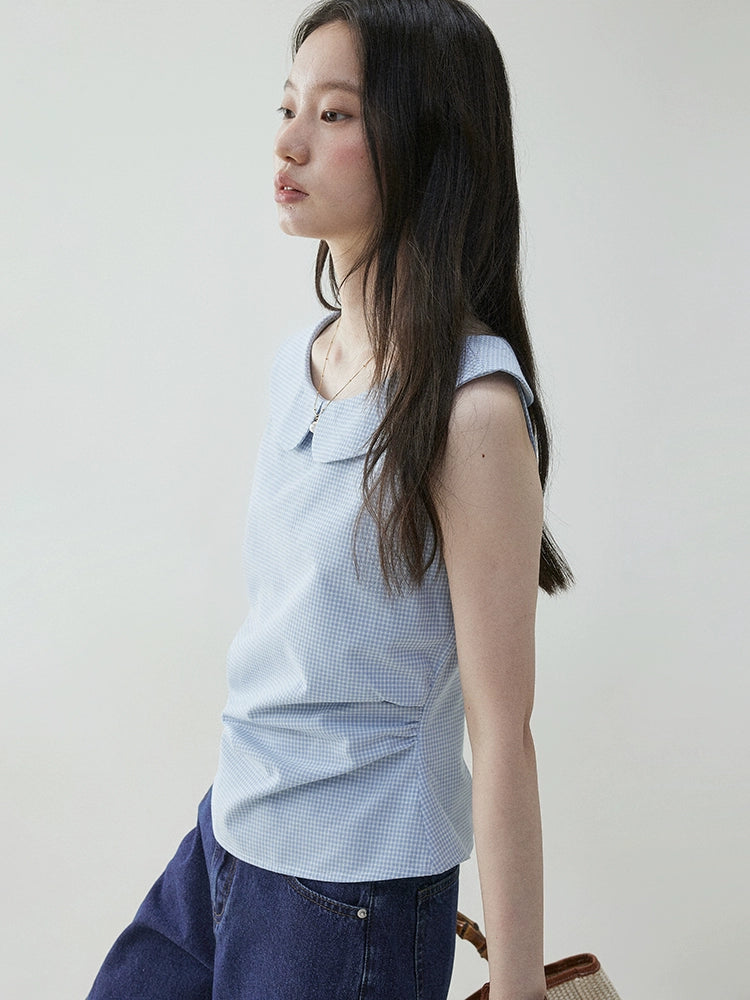 VOOE Contrasting Plaid Side Fold Doll Collar Shirt