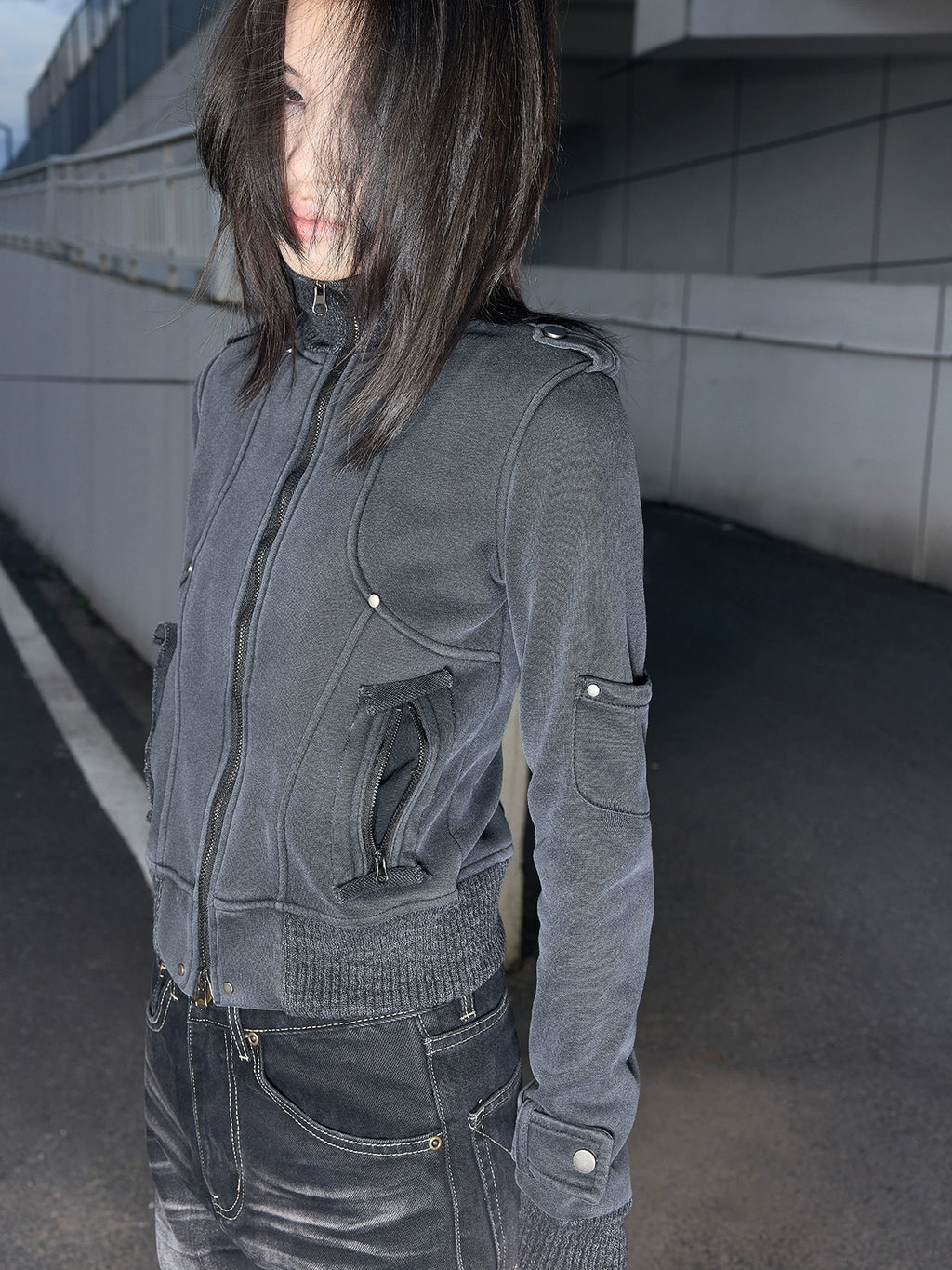 Lightinus  Rivet Make Old Stand Collar Slim Fit Jacket