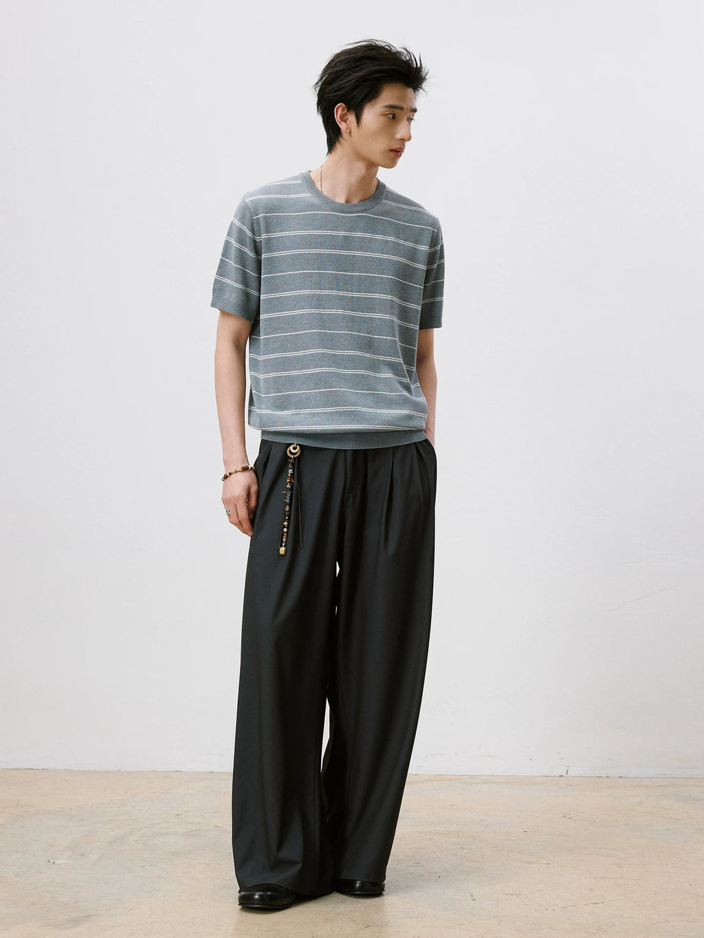 LR MADE Cuff Hem Tightened Knitted Striped Tee