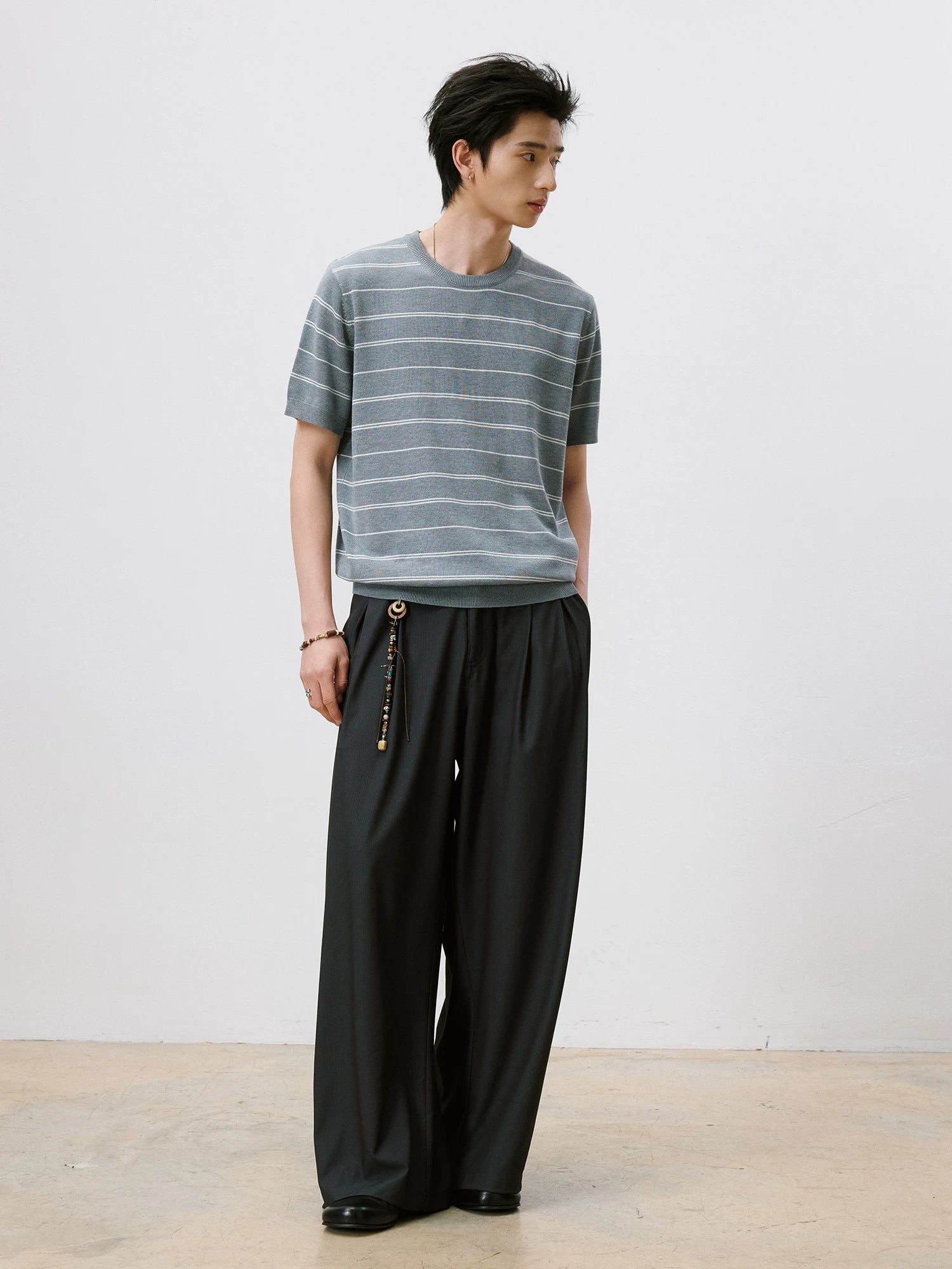 LR MADE Cuff Hem Tightened Knitted Striped Tee