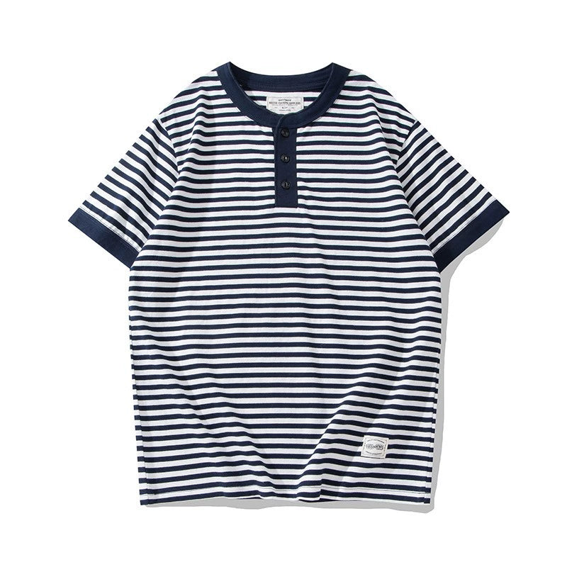 PrintAce Vintage Knitted Striped Henry Collar Button Tee