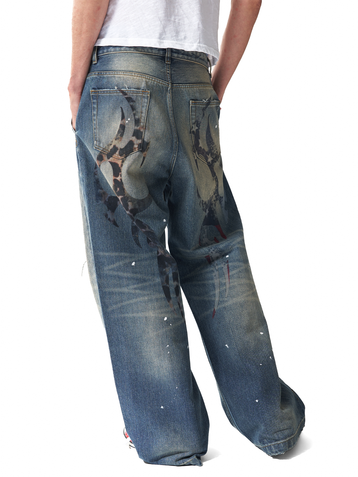 NumbAsia Retro Leopard Print Star Flag Print Ripped Jeans