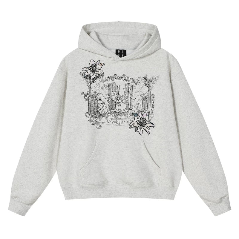 MEDM Symmetrical Angel Printed Casual Hooded Sweater