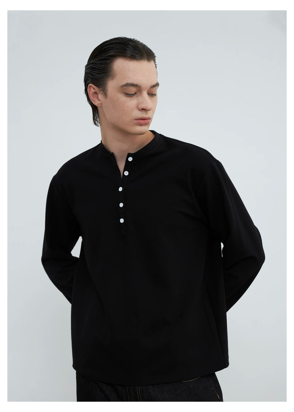 SINONOME  anti-wrinkle henry neck basic long sleeve short T-shirt cleanfit