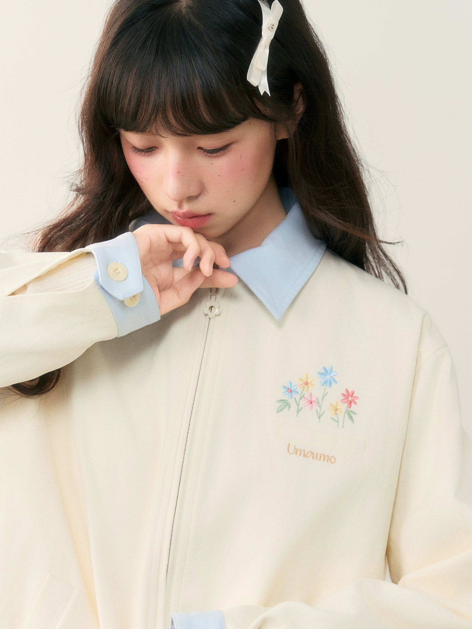 Umoumo Versatile Colour Matching Flower Embroidered Jacket