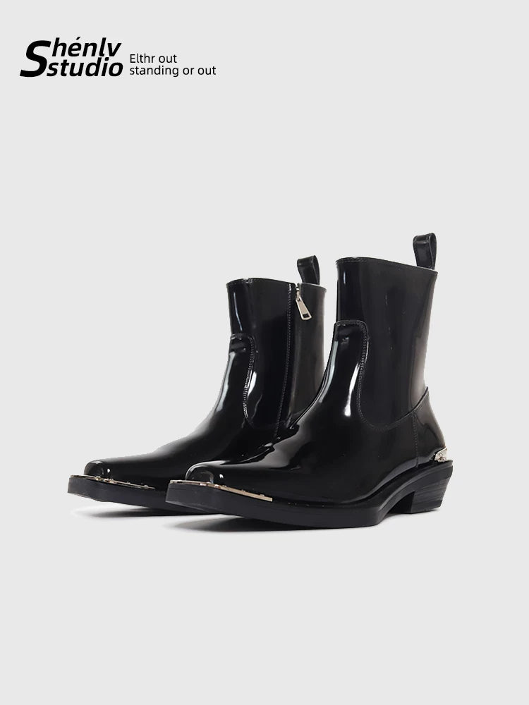 SHENLV STUDIO Glossy Square High-heeled Leather Boots