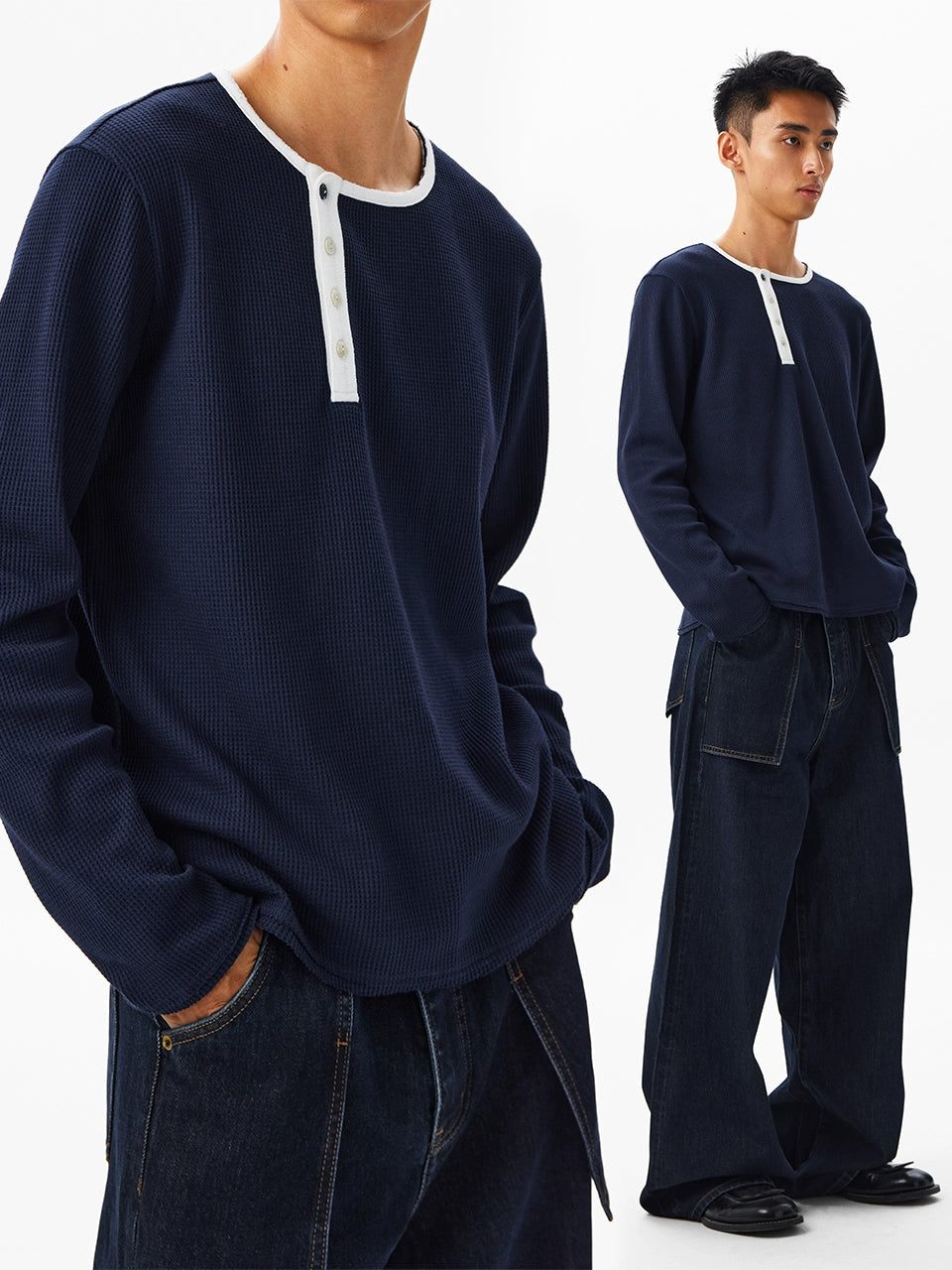 CryingCenter Waffle Diagonal Placket Two-color Button Round Neck Long Sleeve