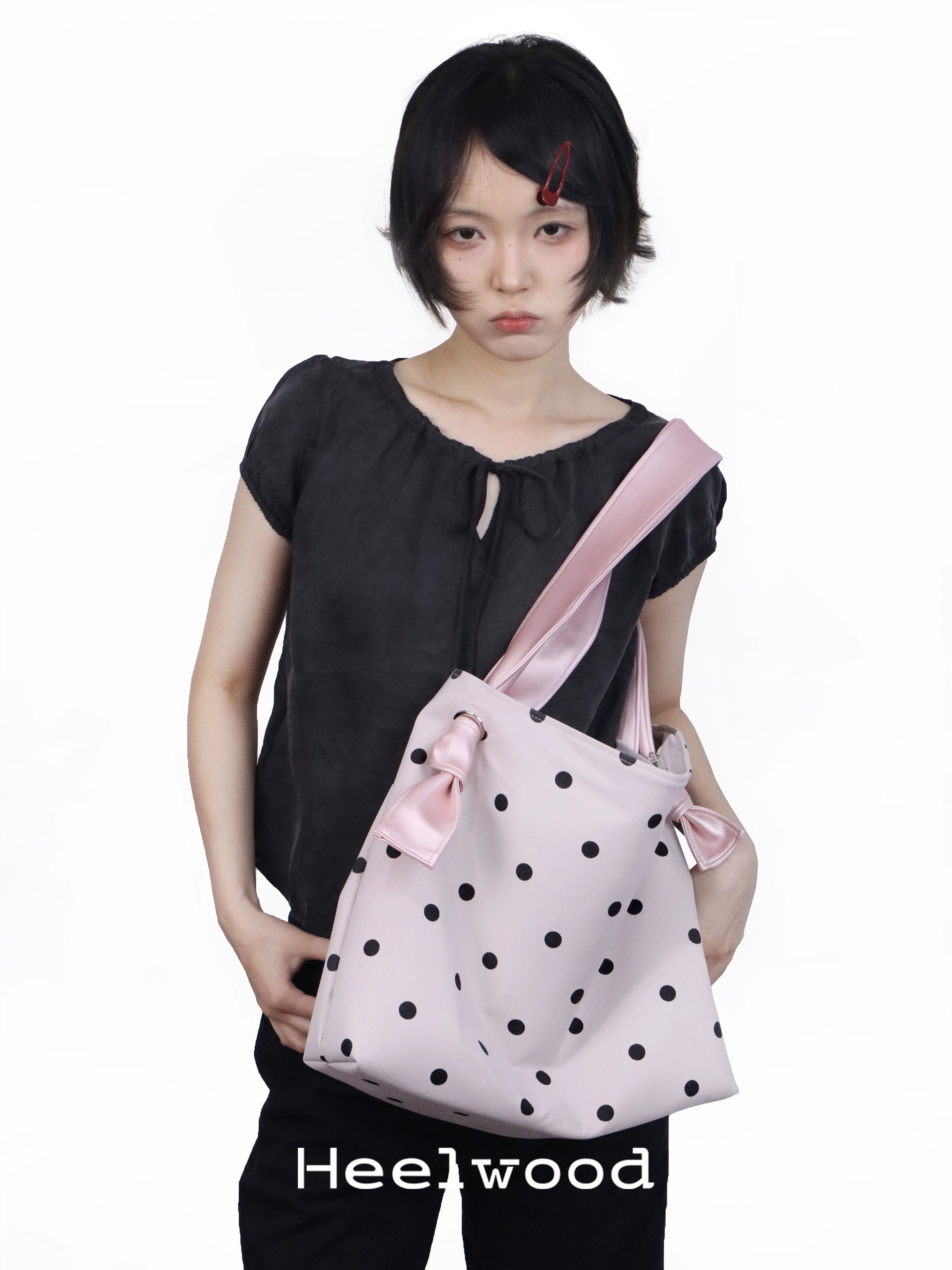 Heelwood Large Capacity Contrast Color Polka Dot Shoulder Tote Bag