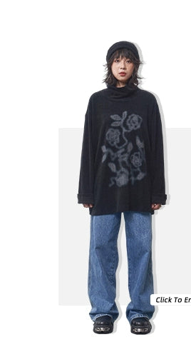 PHYS Semi-turtleneck Loose Versatile Rose Print Long Sleeve