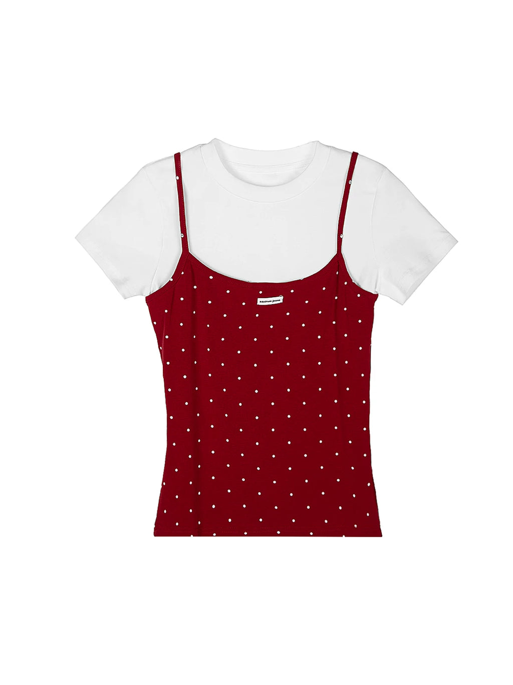 XUJING Fake Two Pieces Round Neck Polka Dot Slim Tee