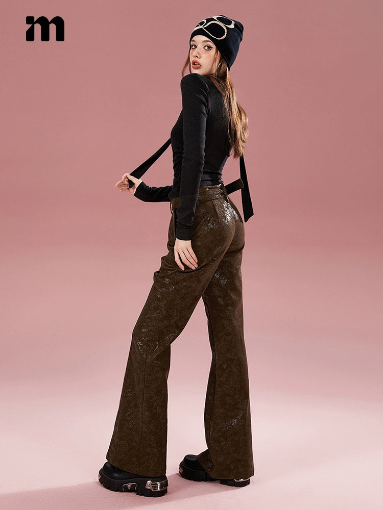 Imone Retro Micro-pull High Waist Slim Crack Leather Pants