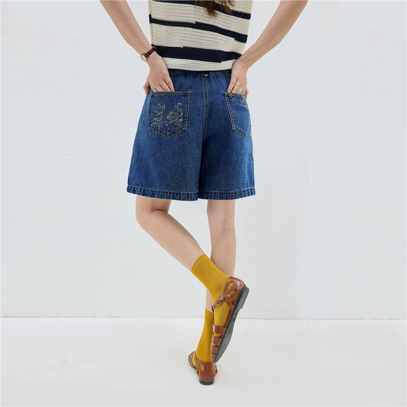 Giordano Embroidered Semi-elastic Waist Wide-leg Shorts