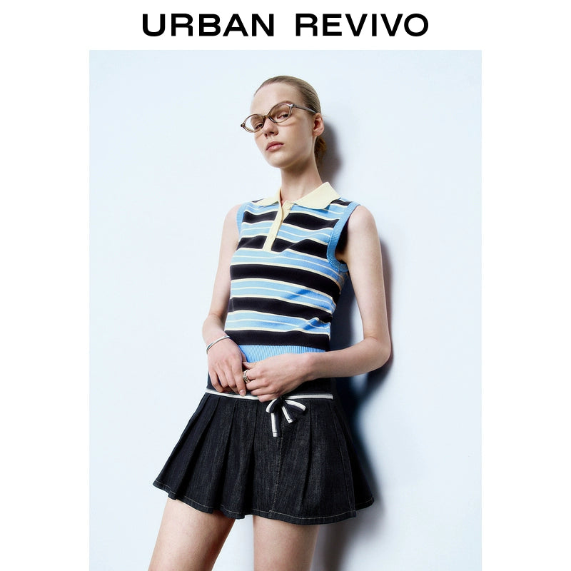 URBAN REVIVO College Contrast Striped Button Sleeveless Knitted Sweater