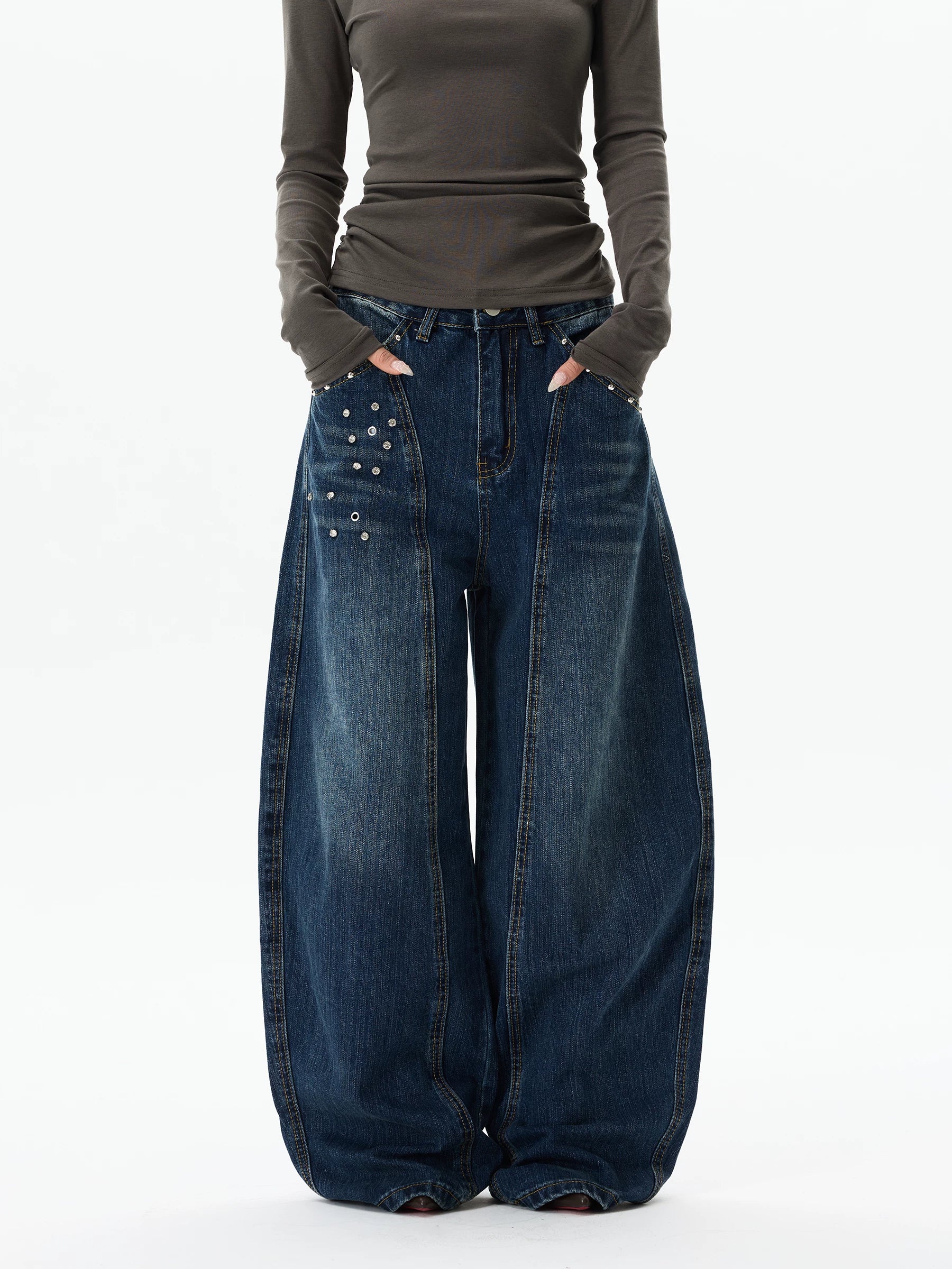 WLNEXT Vintage Wide Leg Loose Diamond Jeans