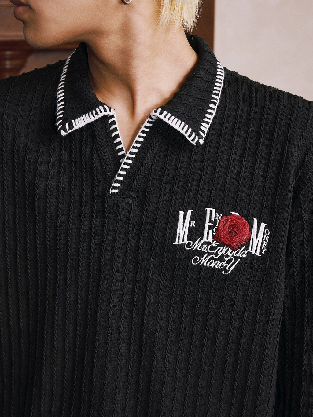 MEDM Hand Stitching Wheat Spike Embroidery Polo Long Sleeve