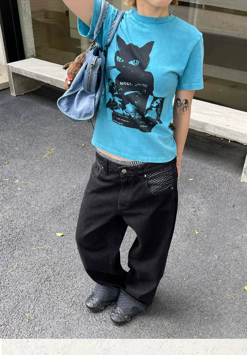 MMBBT Black Cat Print Casual Short Tee