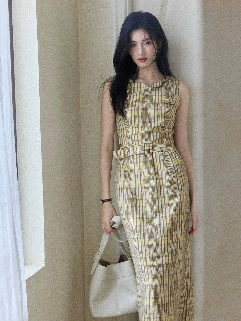 TYANG Plaid Lapel Temperament Sleeveless Dress