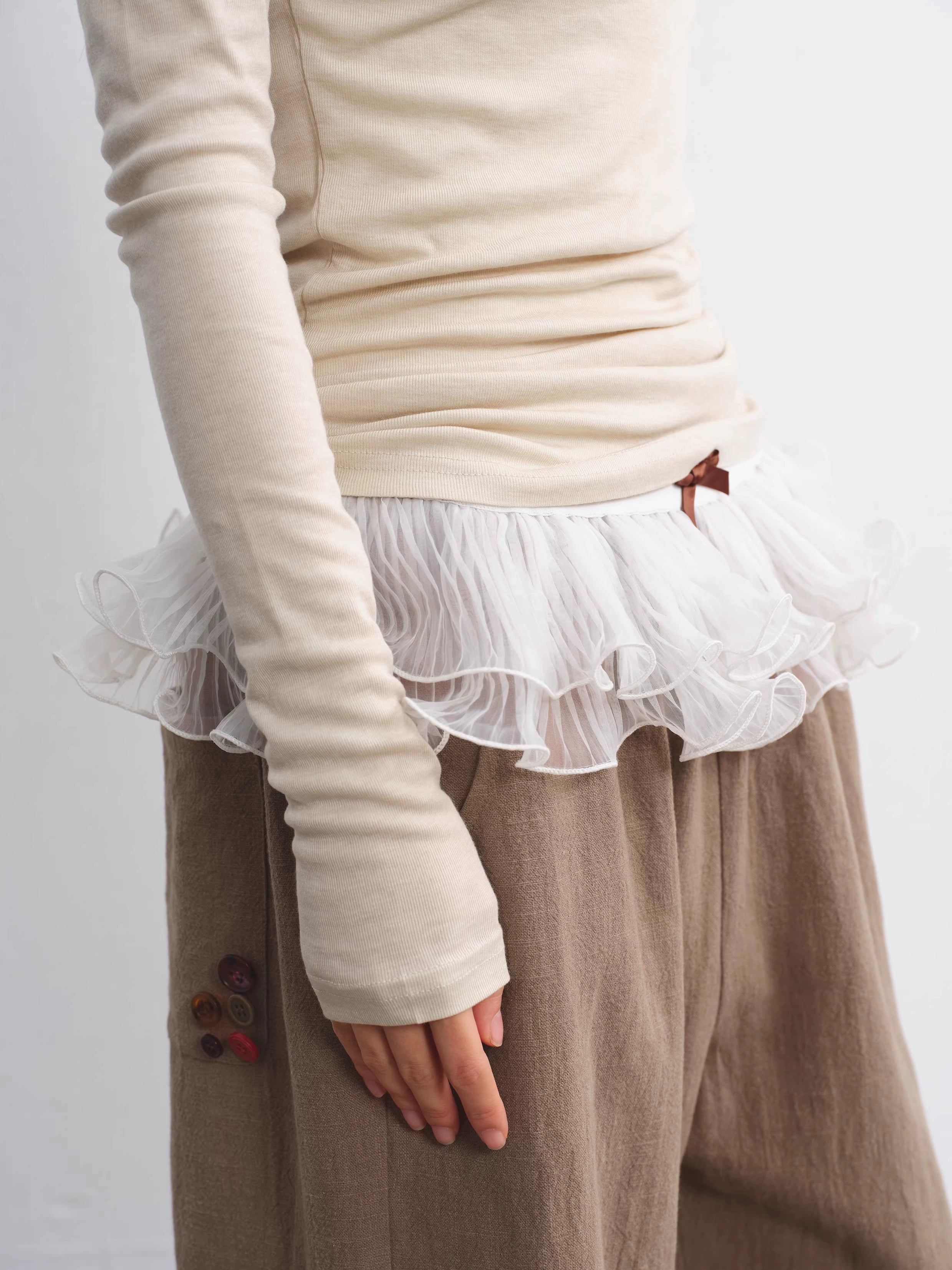 LINY LIBERTY Vintage Contrasting Color Ruffle Edge Loose Straight Casual Pants