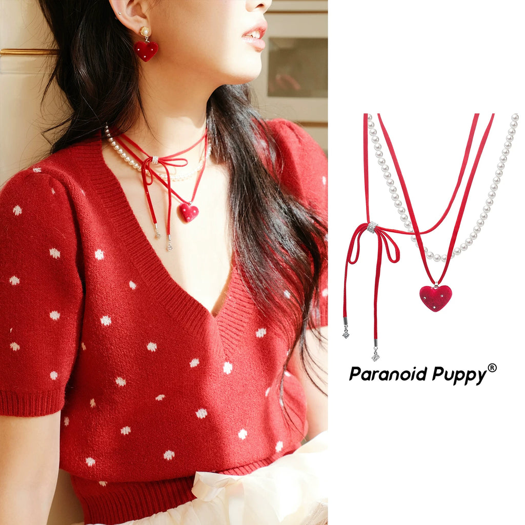 PARANOID PUPPY Red Velvet Love Multi-layer Ribbon Bow Necklace