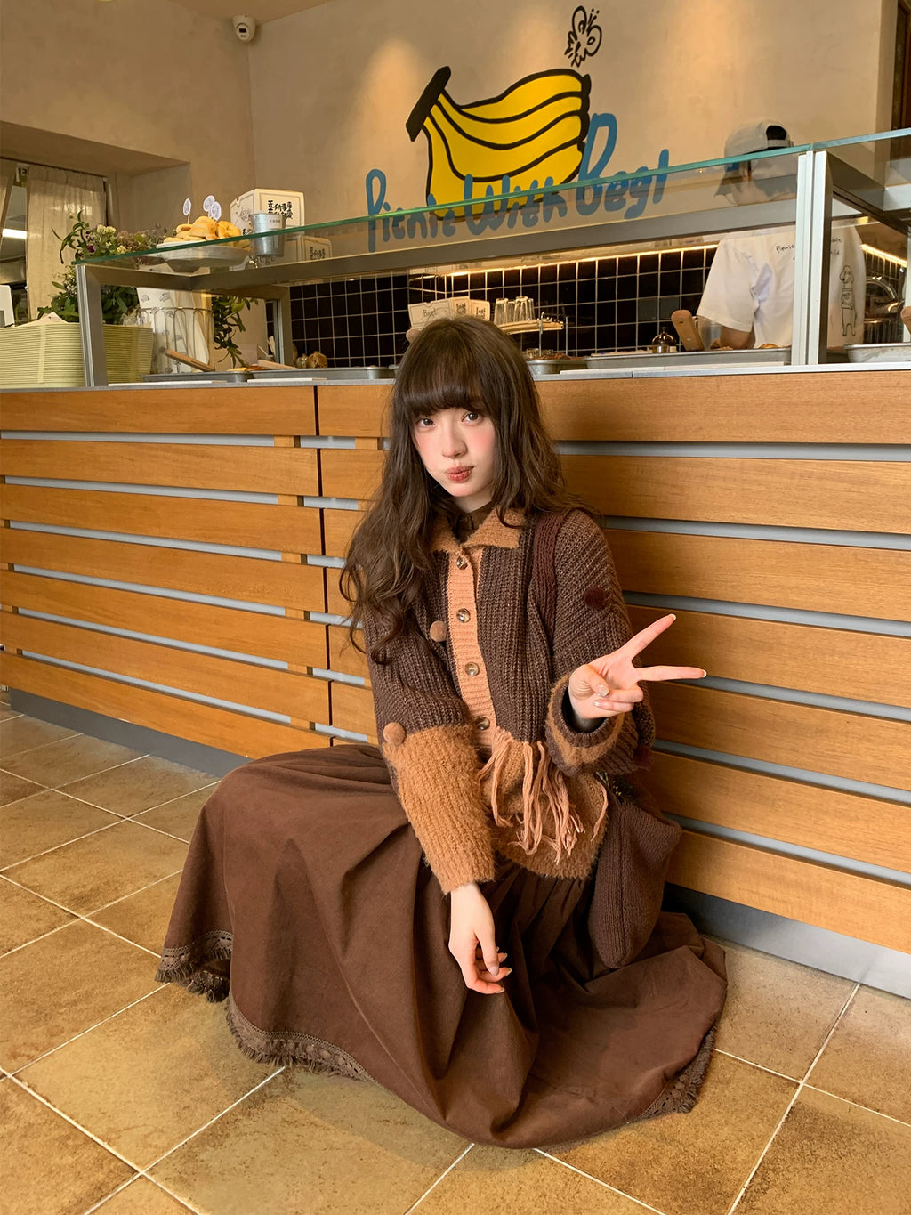 Kano Retro Contrasting Tassel Hairball Knitted Cardigan