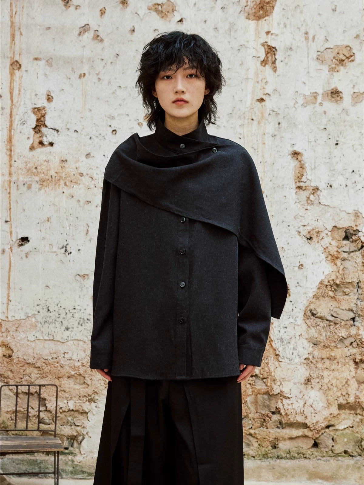 SUNYVONNE Cross-neck Scarf Long-sleeved Shirt