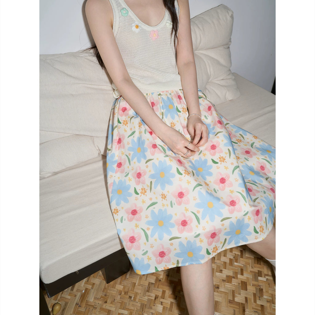 XUJING High Waist Oil Painting Print Skirt