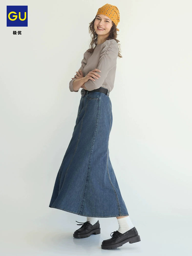 GU Light Denim Horn Fishtail Skirt