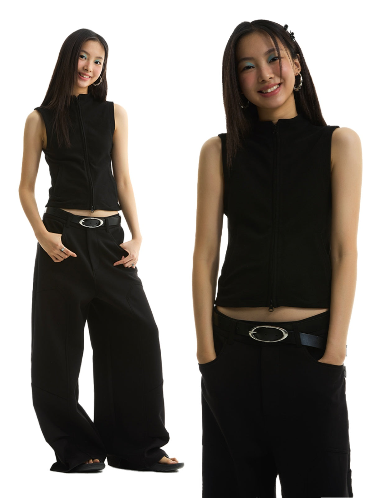 FUNKYFUN Waist Stand-up Collar Double Zipper Cardigan Vest