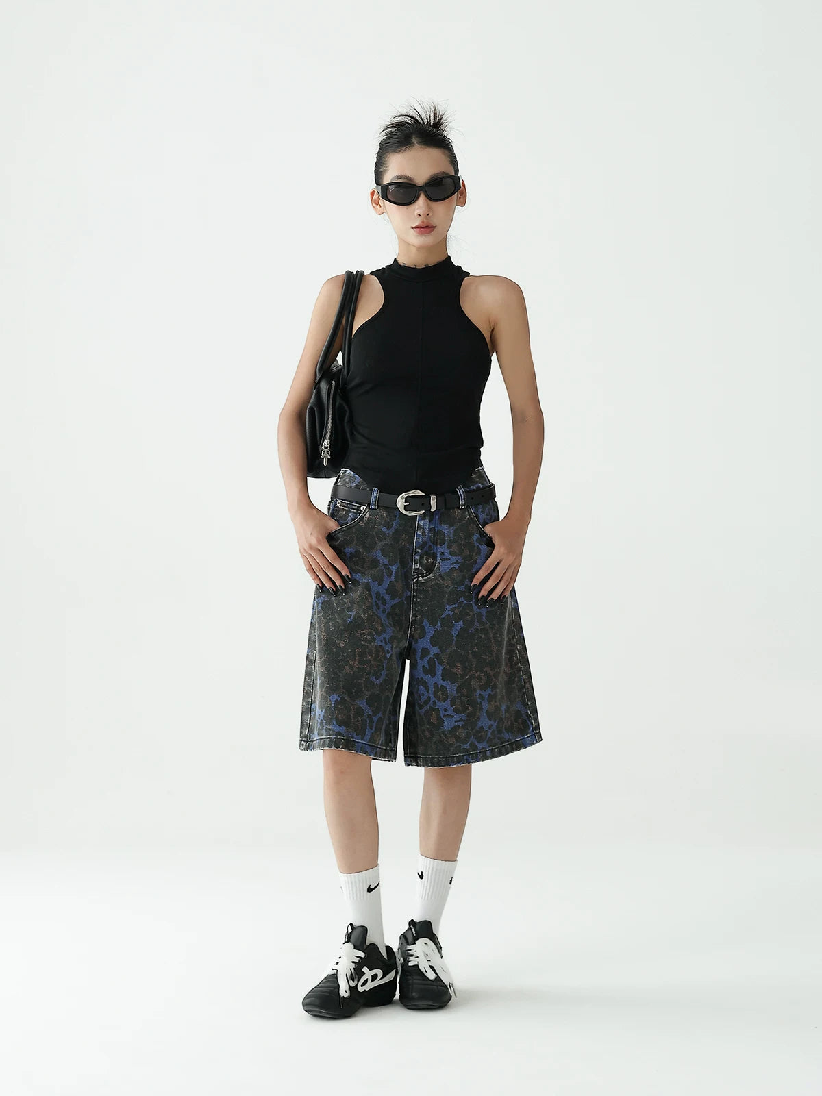 Acestudios Vintage Loose Straight Wide Leopard Denim Five-Point Shorts