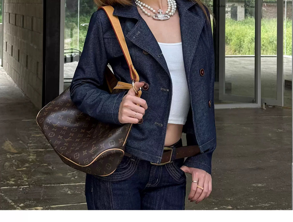 Audwyn Retro Double-breasted Lapel Short Slim Imitation Denim Jacket