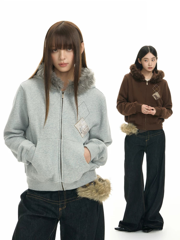 TGNS Hooded Removable Fur Collar Patch Embroidered Jacket