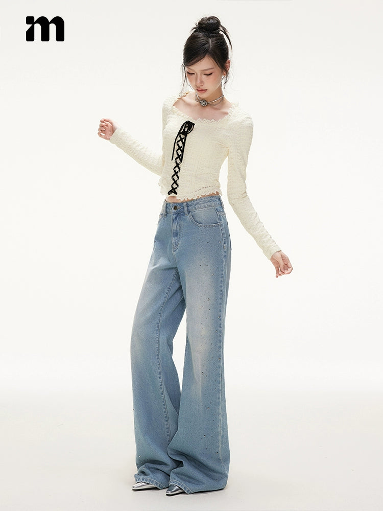 IMONE Velvet Strap Lace Square Collar Long Sleeve