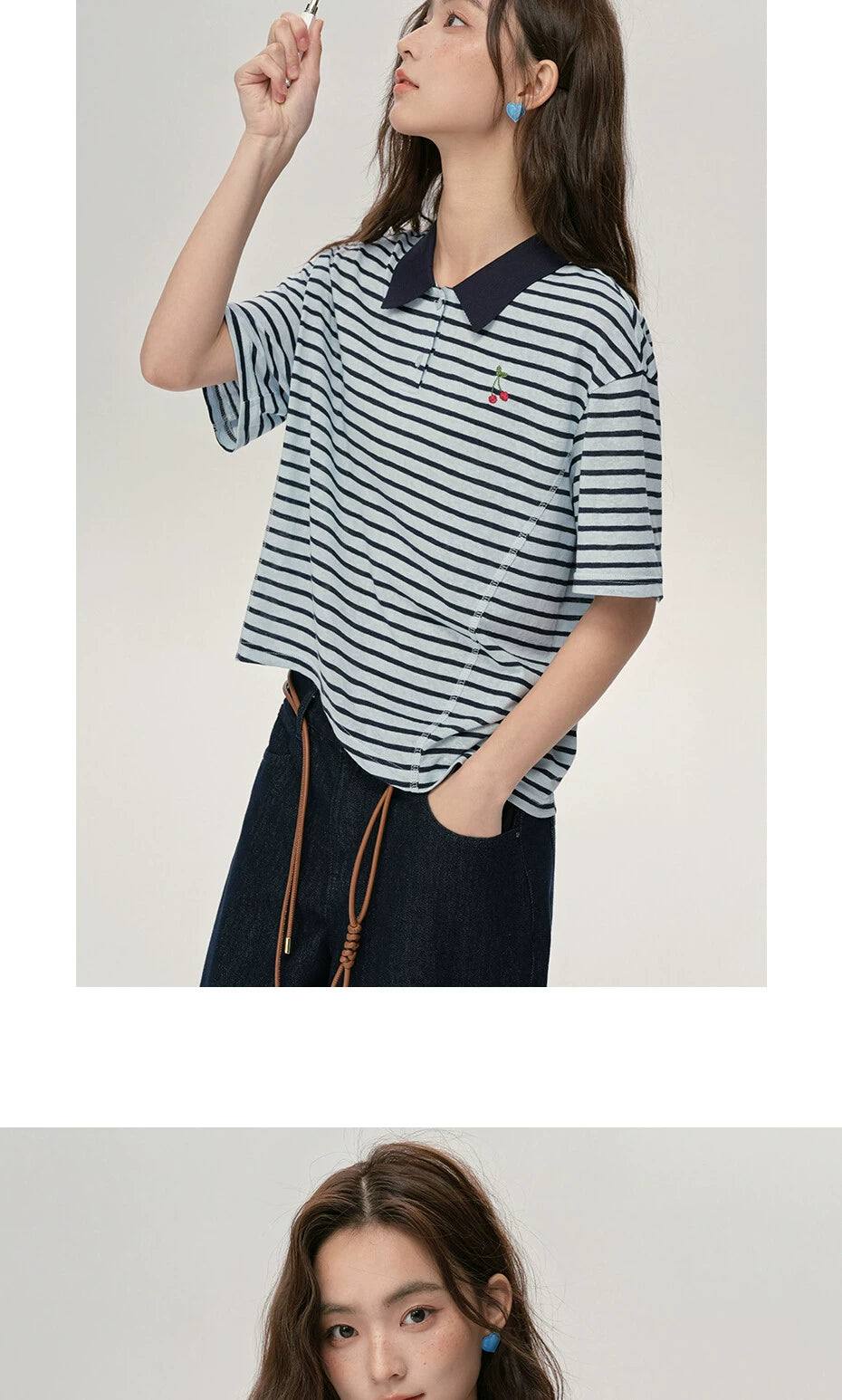 Giordano Contrasting Striped Cherry Embroidered Lapel Tee