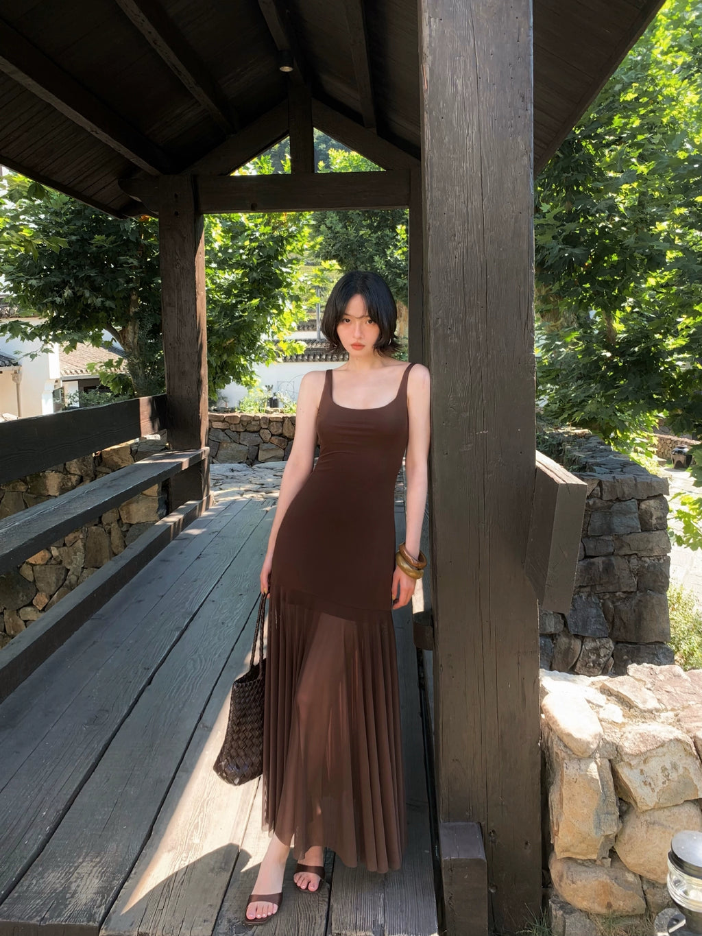 KELIFAN Slightly Sheer Pleated Vest Camisole Dress