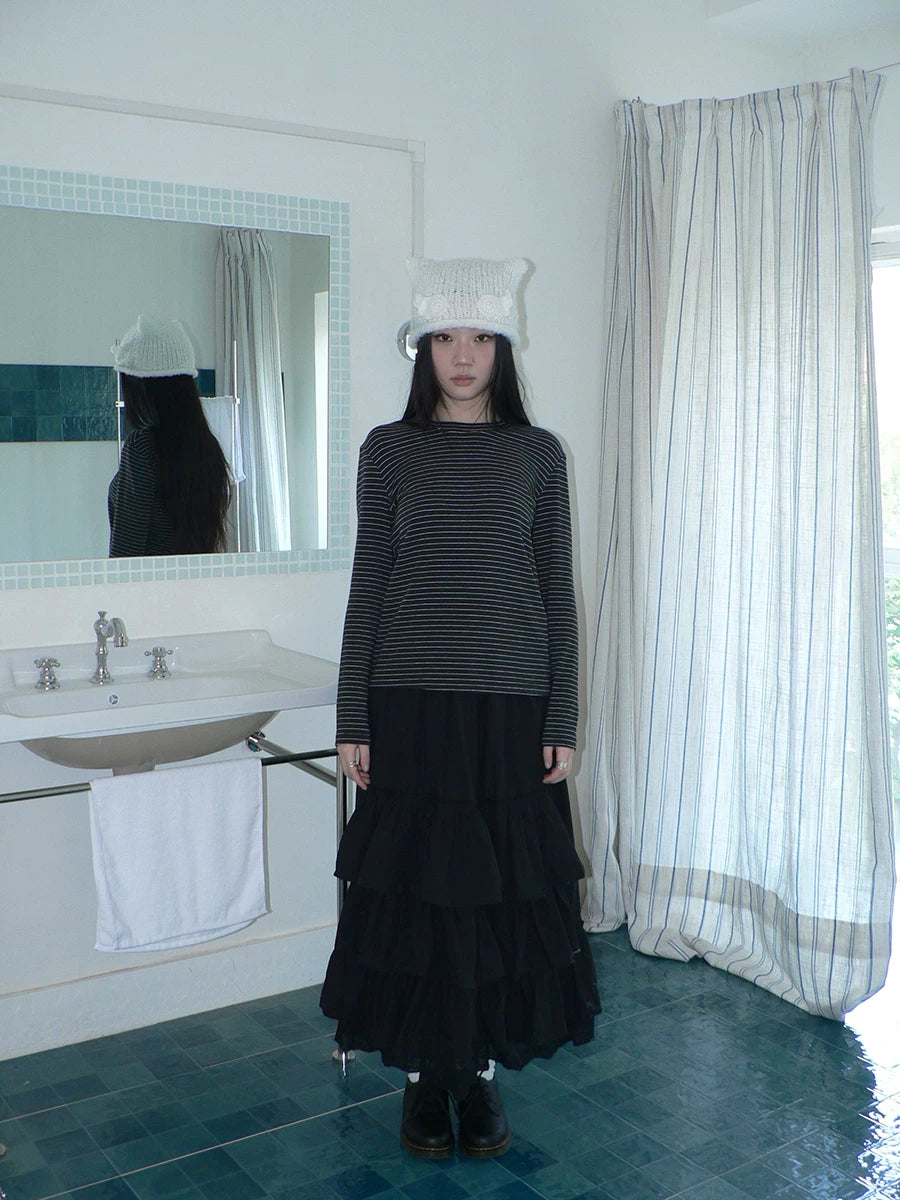 Ang:project Simple Casual Contrast Striped Crew Neck Long Sleeves