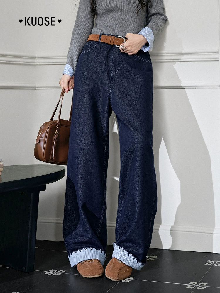 Kuose Striped Lace Casual Straight Jeans