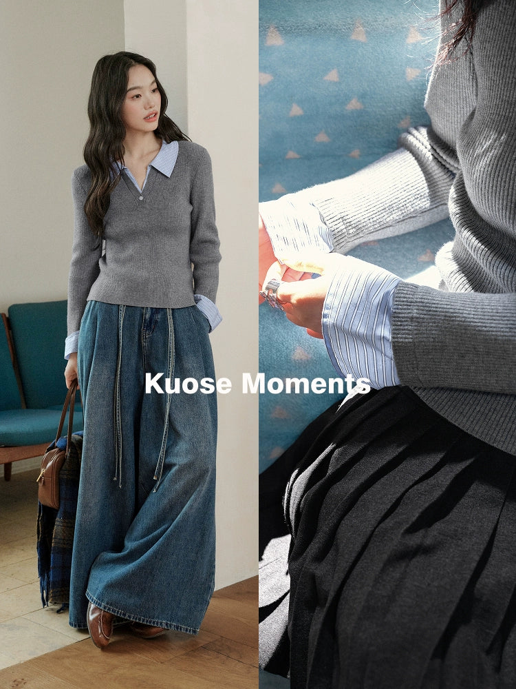 Kuose Striped Fake Two Polo Collar Slim Knit