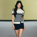 AGAM Flower Semi-turtleneck Top Contrasting Color Flanged Shorts Set