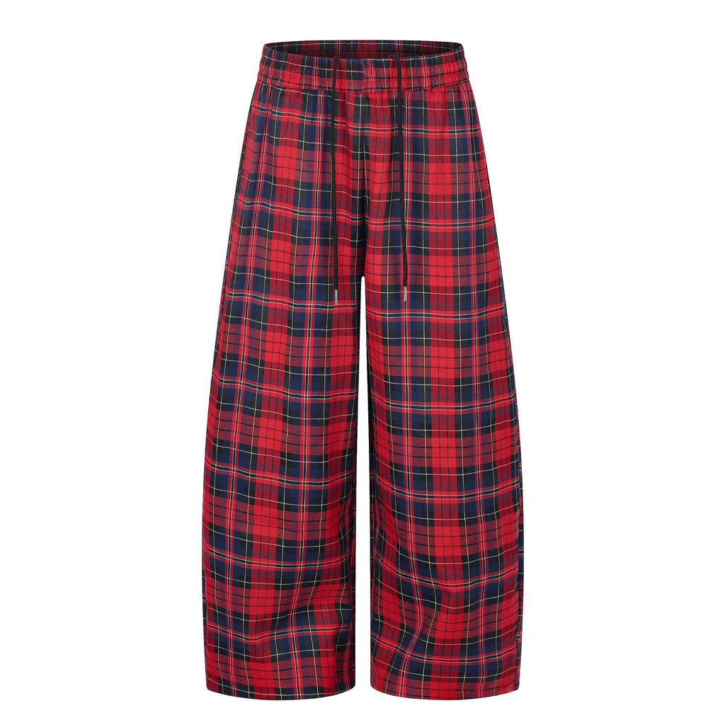 11KN Retro Plaid Drawstring Casual Wide-leg Pants