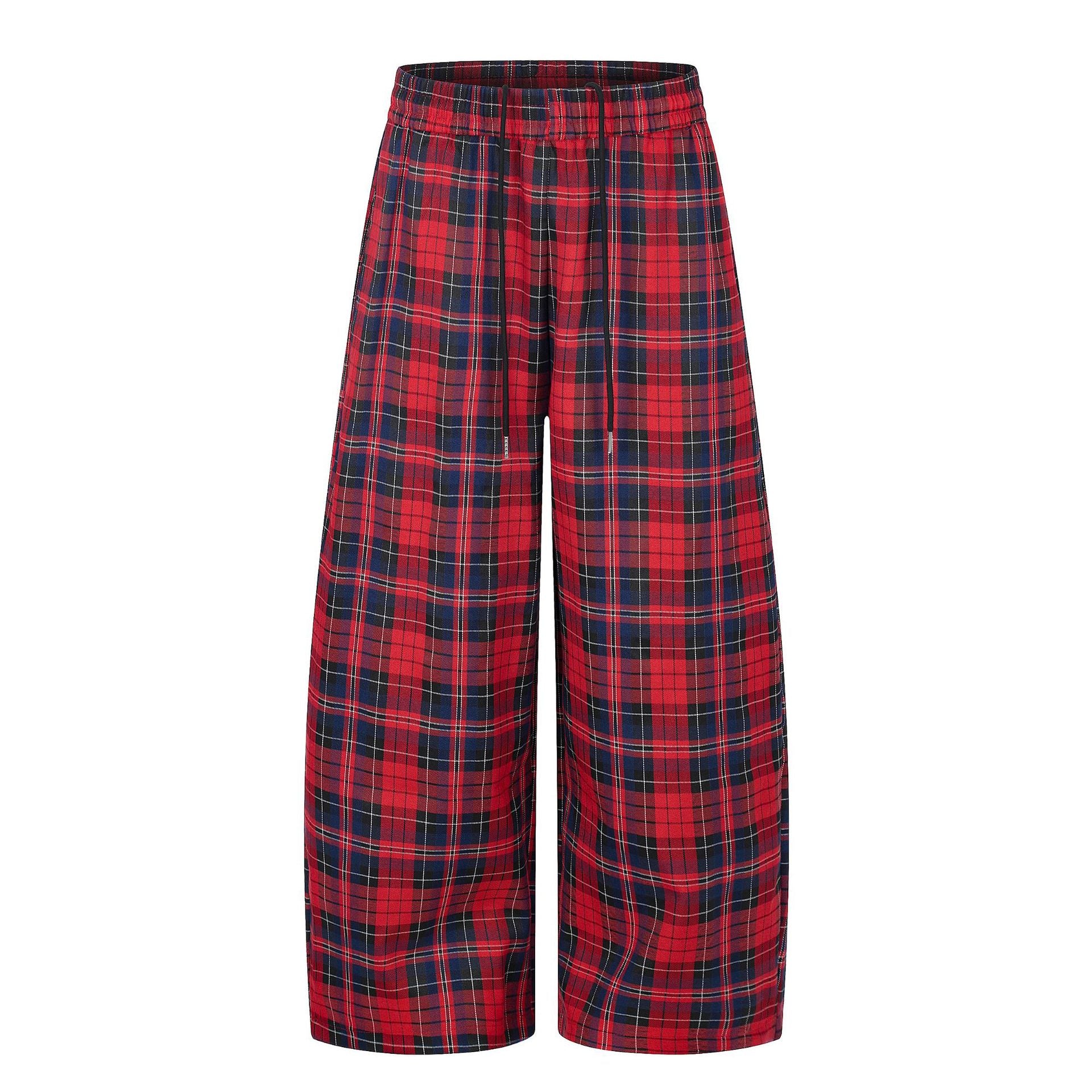 11KN Retro Plaid Drawstring Casual Wide-leg Pants
