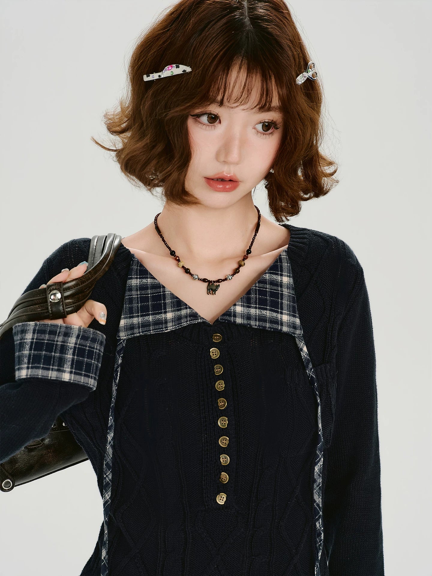 Girlyhalo Vintage Plaid Lapel Knitted Twist Long Sleeve