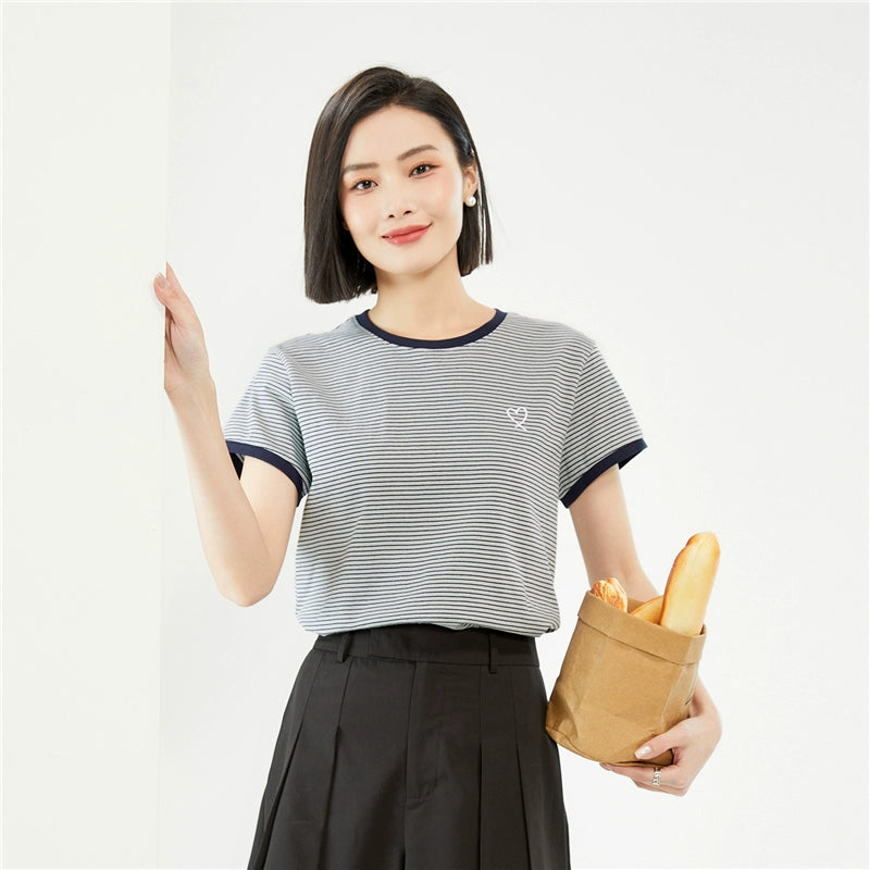 Giordano Nautical Heart Embroidery Striped Crew Neck Tee