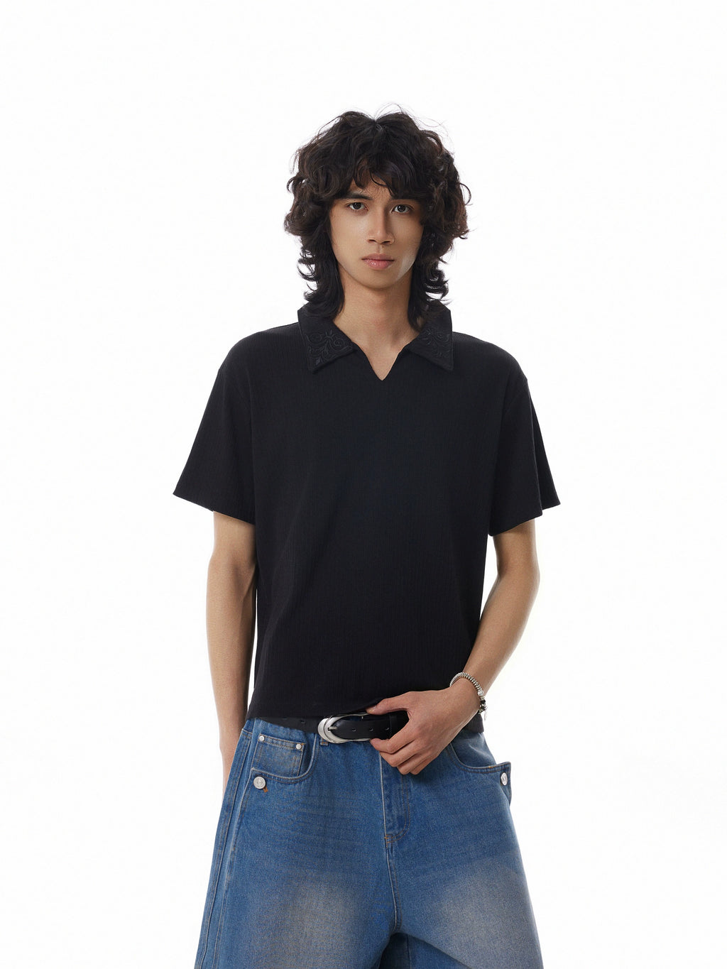 BTSG Small V Lapel Embroidered Polo Shirt Tee